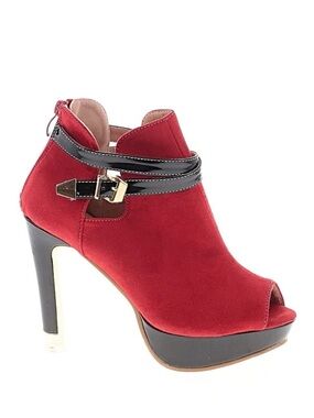 Women's Red Suede Peep-Toe Ankle Boot with Buckle Strap